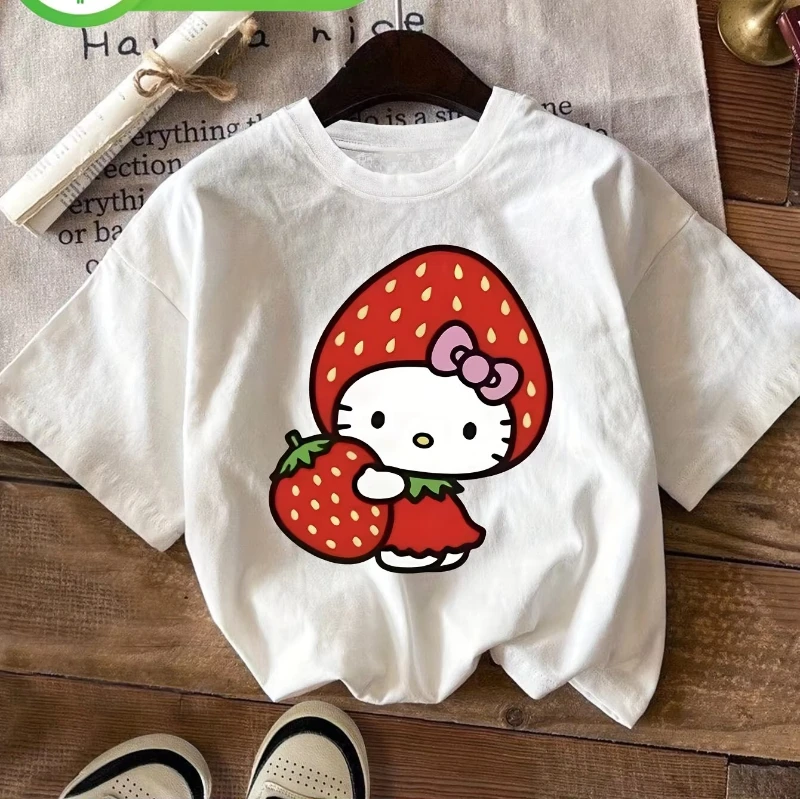 

Sanrio Hello Kitty Children's Summer T-Shirt Family Parent-Child Cartoon Strawberry Casual Loose Comfortable Short Sleeve Couple