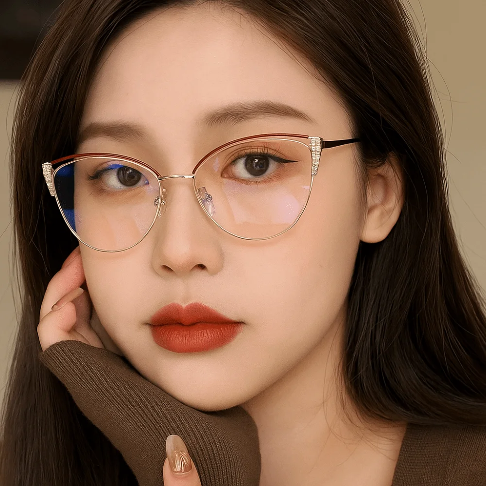 

Rhinestone Studded Anti-blue Light Glasses Transparent Metal Frame Square Frame Myopia Glasses Anti Radiation Lightweight