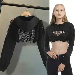 Crop Sweatshirt Mesh Patchwork Hoodies Sweatshirts Women Harajuku Hoodie Sweatshirt Clothes Gothic Long Sleeve Cropped Hoodie