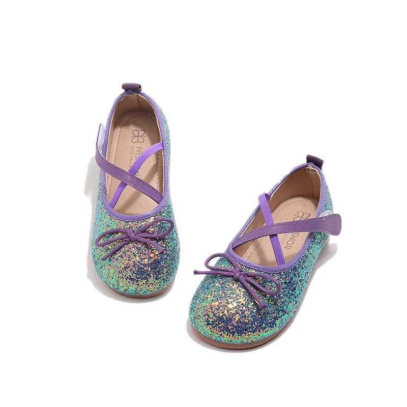 

Silver Purple Girls Shoes Princess Little Leather Shoes For Wedding Party Birthday Dress Shoes 2-8T Kids Sequin Flat Shoes