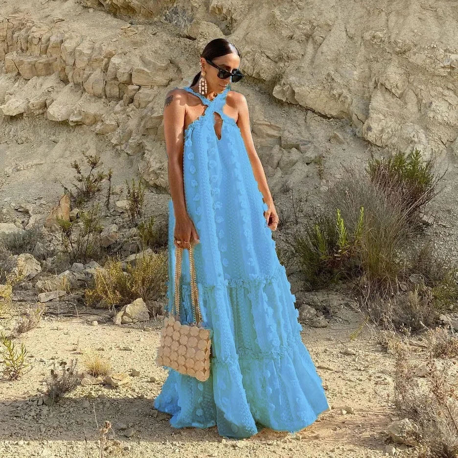 

Neck Lace Dress Three-dimensional Flower Mopping Cake 2025 Fashion Dress Cross-border European and American Foreign Trade