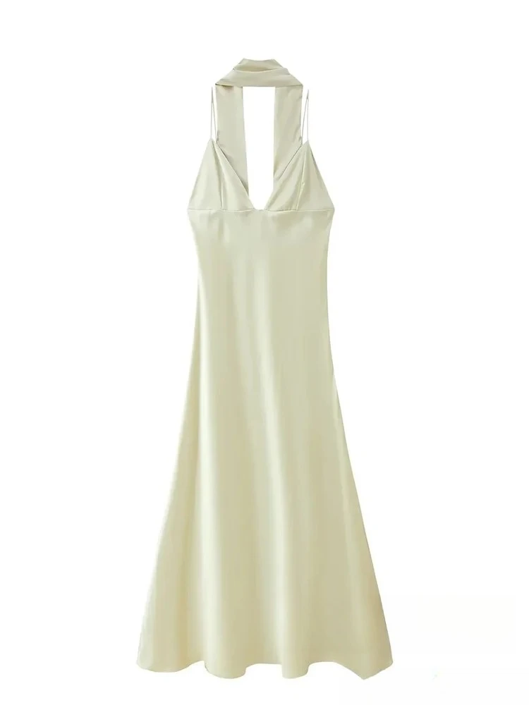 فستان نسائي أنيق مثير من KONDALA فستان كامي سادة بدون أكمام وشاح طويل بدون ظهر موضة 2025 فستان أنيق لربيع وصيف