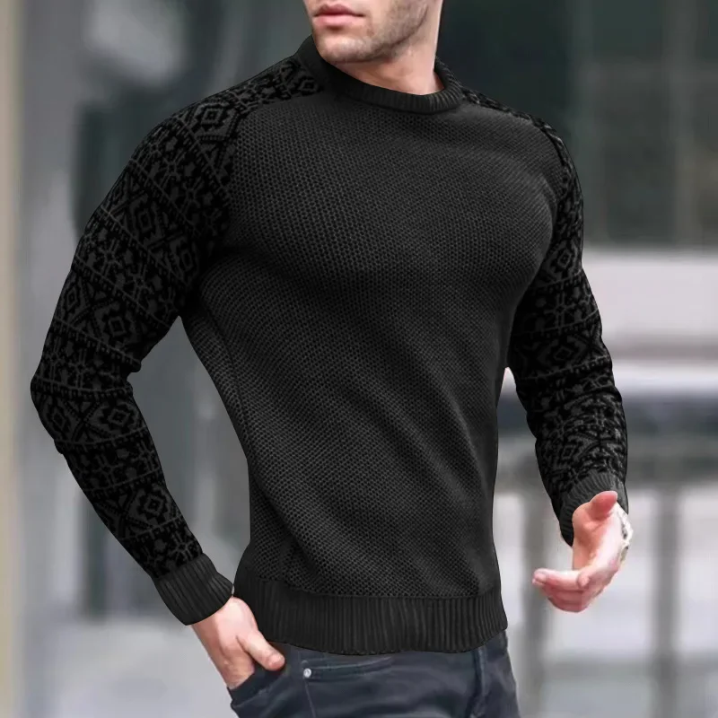 2025 Autumn New Leisure Long Sleeve Top Waffle Pattern Men's Pullover Color-Block Knitted Sweater