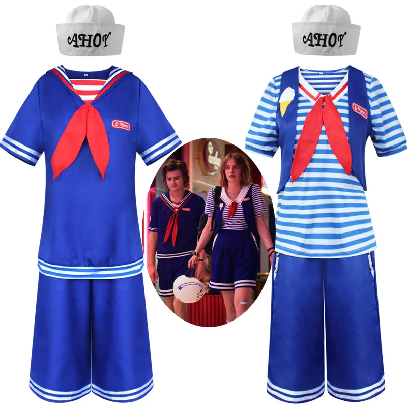 

Stranger Things 3 Ice Cream Shop Assistant Navy Sailor Costume for Adults Halloween Cosplay Unisex Student Roleplay Wear