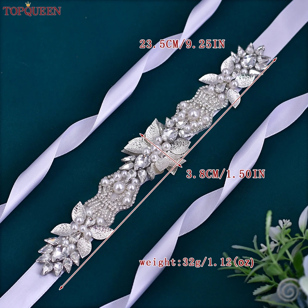 TOPQUEEN Handmade Bridal Belt Wedding Accessories Silver Alloy Leaves Pearl Rhinestone Sash Women'S Evening Dress Girdles S65