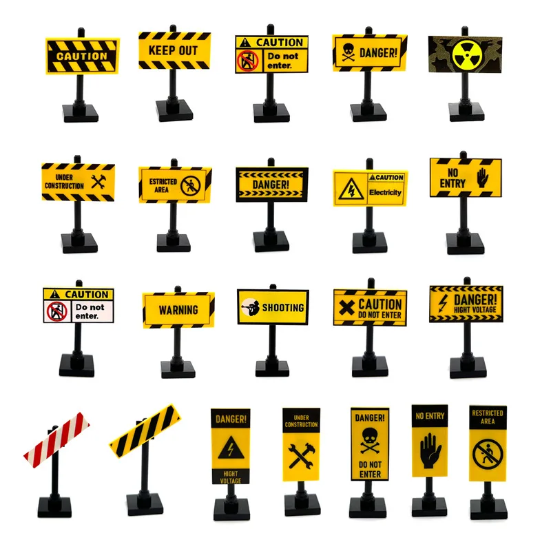 Military Barracks Warning Signs Compatible With LEGO MOC Building Blocks Education Signboard Roadblock Guide Board Bricks Toys