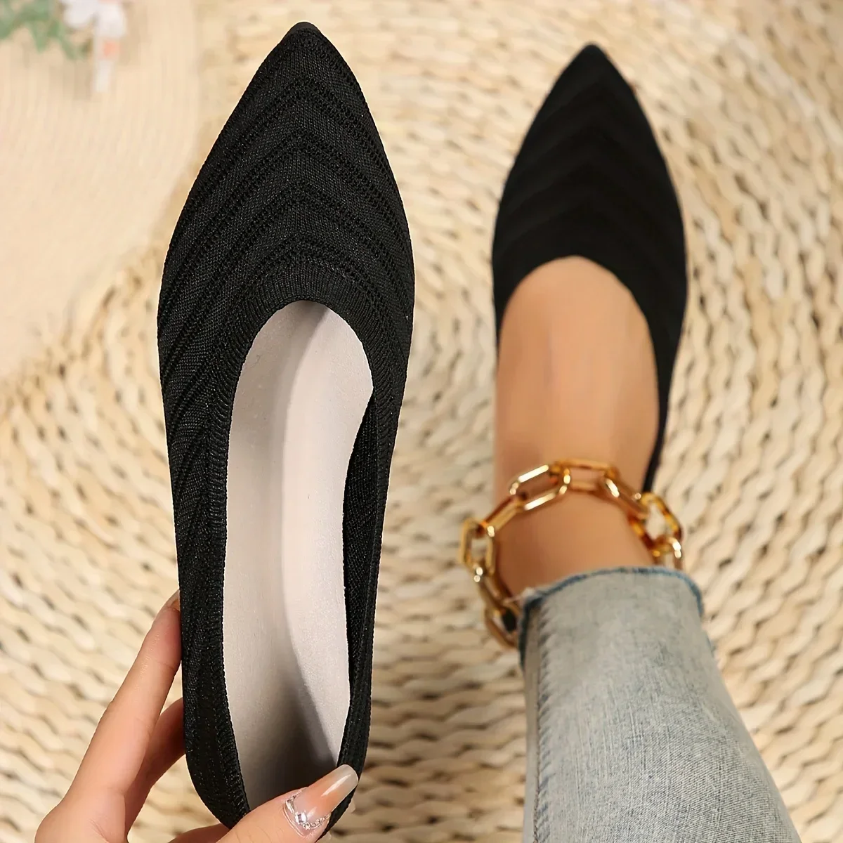 Women Pointed Toe Flat Office Boat Solid Color Knitted Slip on Shoes Casual Ballet Flats Shoes Women Loafers Zapatos De Mujer