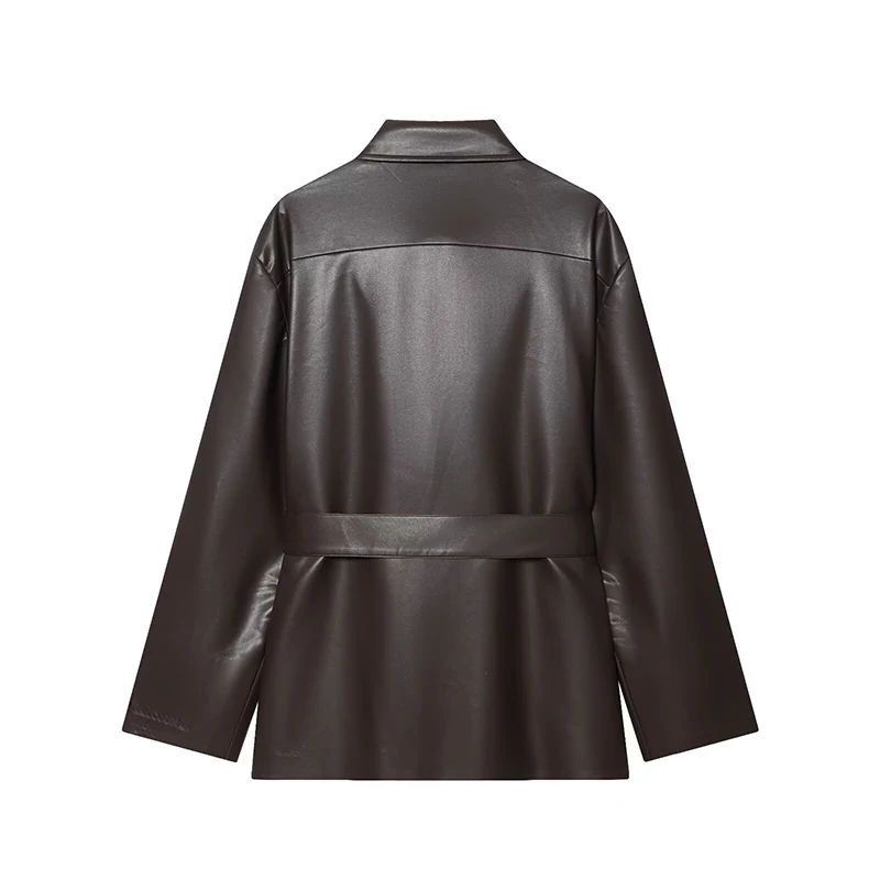معاطف نسائية من الجلد الصناعي مع حزام معاطف بأكمام طويلة للخريف والشتاء ملابس خارجية نسائية أنيقة #2