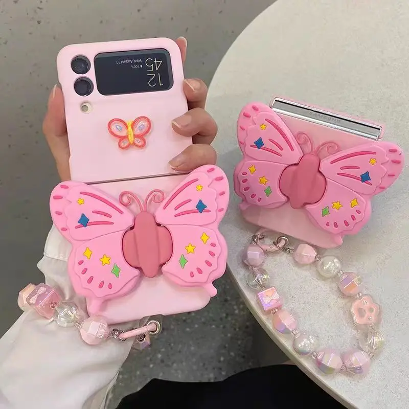 For Samsung Galaxy Z Flip 6 5 4 3 5G F7110 F7070 Luxury Crystal Cute Girl Korea Butterfly Candy Wrist Strap Phone Case Cover