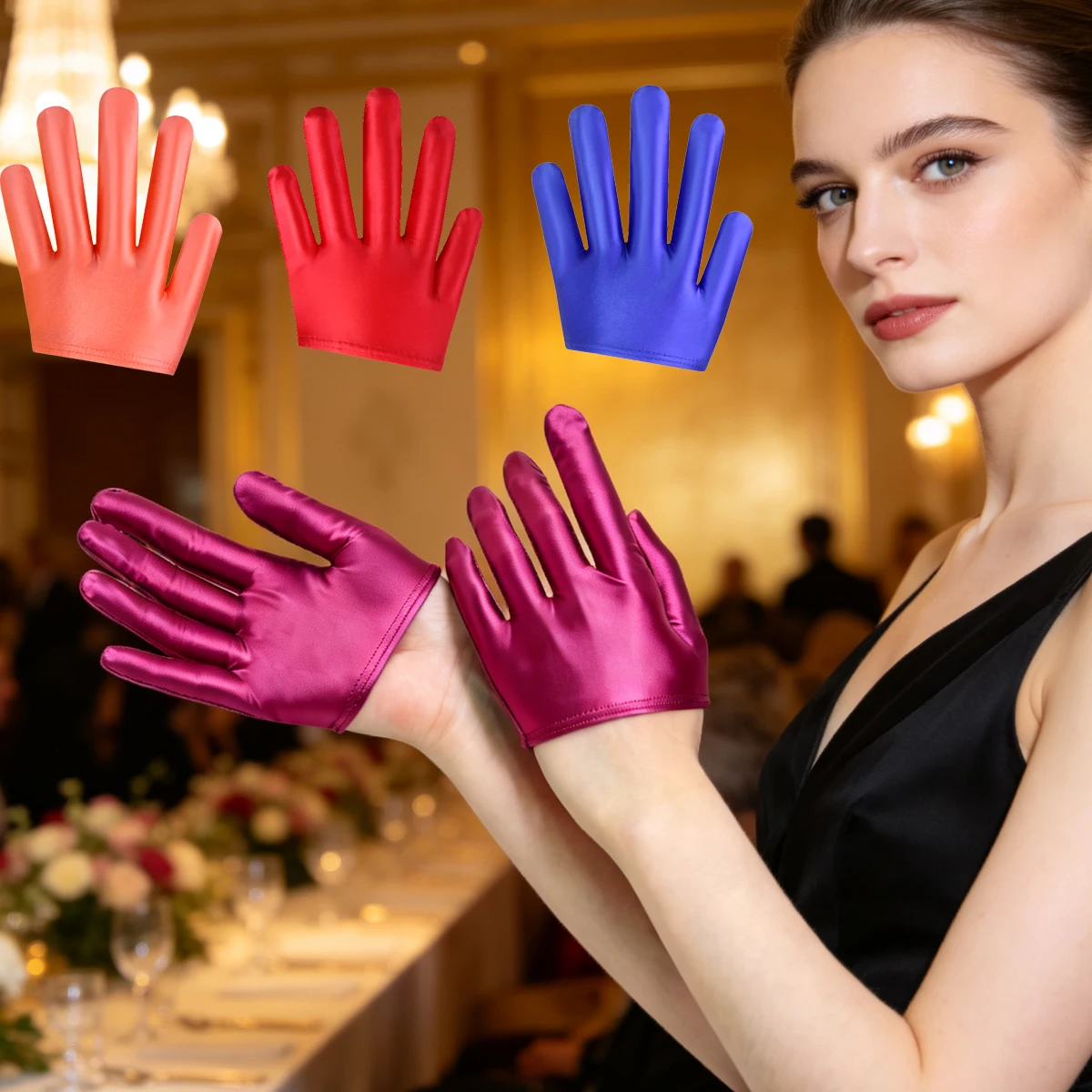 MJINM Unisex Glossy Shiny Satin Smooth High Elastic Breathable Half Palm Fourchettes Gloves Party Club Masquerade Ball Over Size