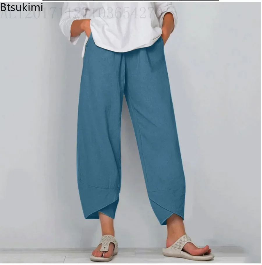 2025 Women's Casual Cotton Linen Harem Pants Printed Wide Leg Trousers Solid Pockets Harajuku High Waist Baggy Pants Joggers 5XL