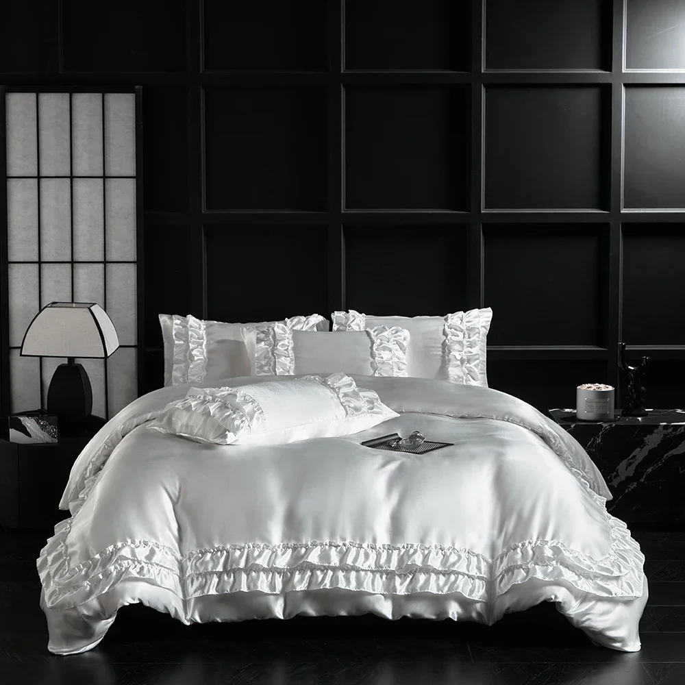 Luxury Satin Double-layered Ruffles Bedding Set Queen Soft Smooth Duvet Cover and Pillowcase Silky Single Double Comforter Cover