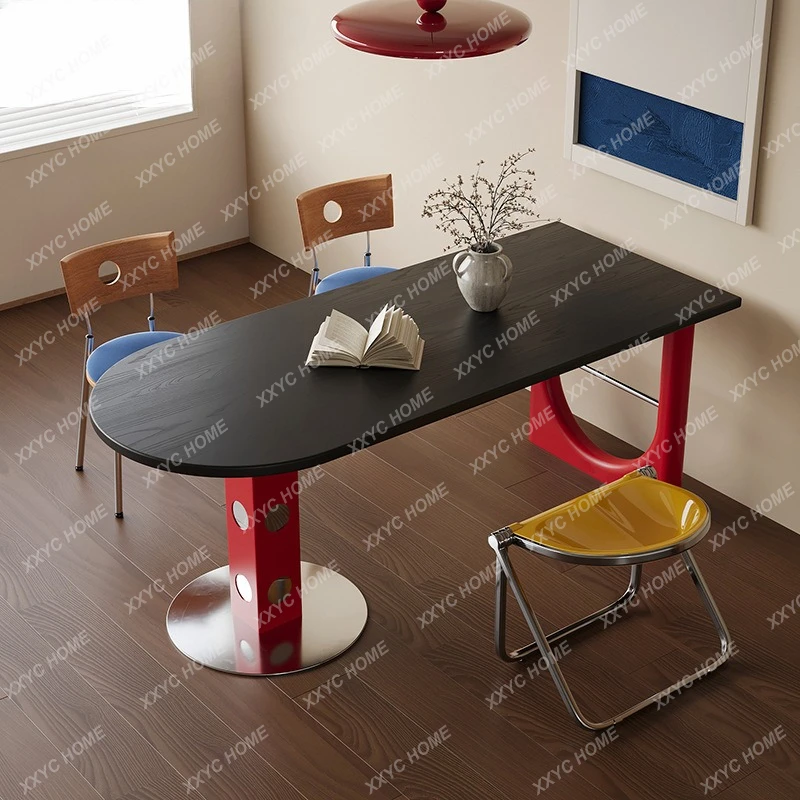JAncient Bauhaus solid wood dining table and chairs, a set of Memphis color matching semi-round tables