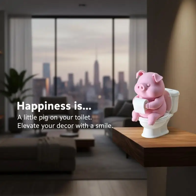 Creative Bathroom Decor Pig On Toilet Statue Wall Mounted Tabletop Cute Resin Piggy Figurine for Housewarming Gift
