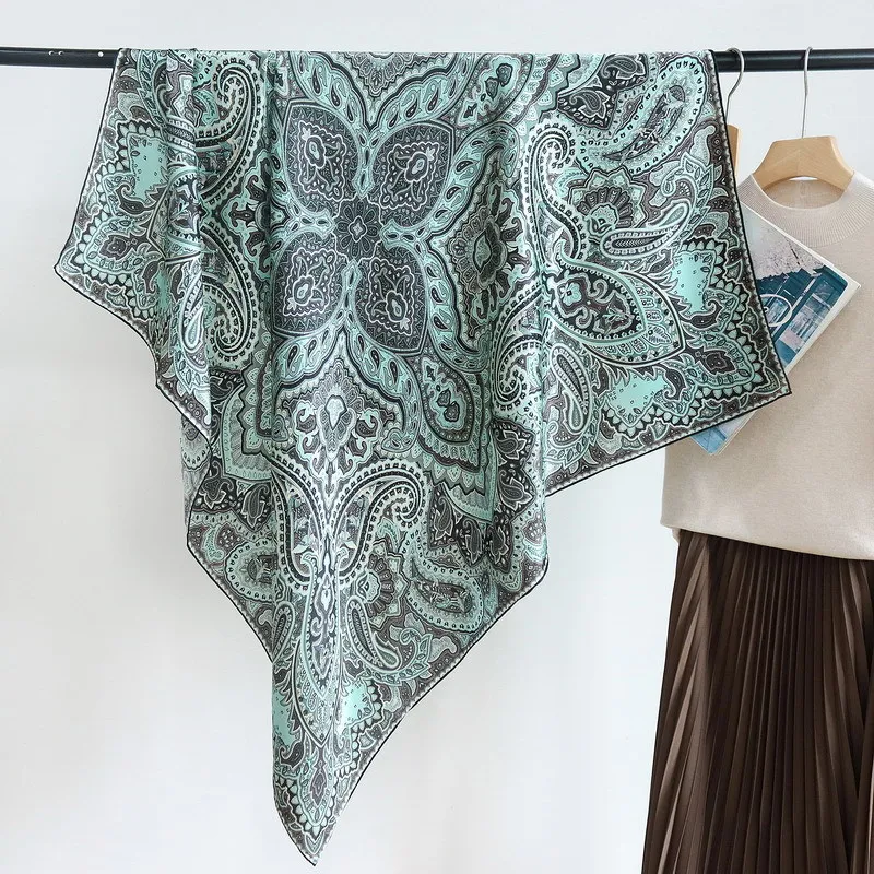 

High-end and Elegant Women Exquisite Indian Cashew Flower Print Quality Plain Satin Silk Hand-rolled Edge Big Square Scarf Shawl