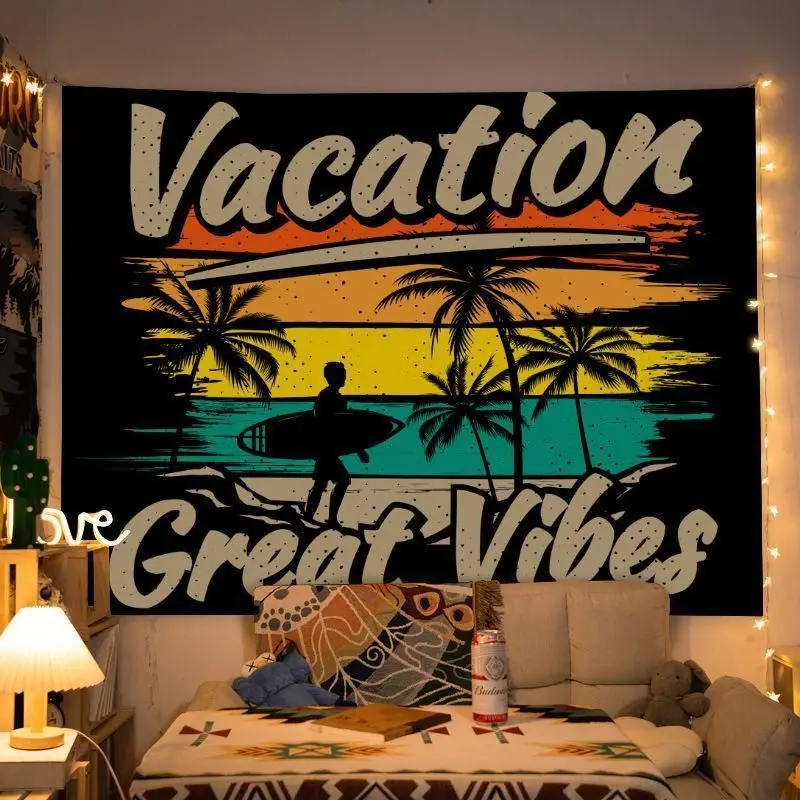 VIKAMA Retro Surfing Beach Wall Tapestry Tropical Palm Sunset Wall Hanging, Vintage Vacation Cloth for Bedroom Dormitory Home