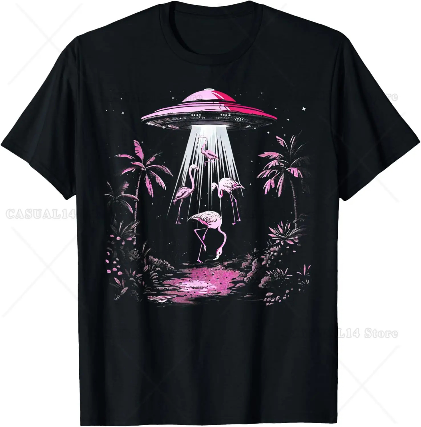 

Flamingo Shirt Men Women Boys Girls Funny Alien Flamingo UFO T-Shirt Unisex Cotton Short Sleeve Men Clothing