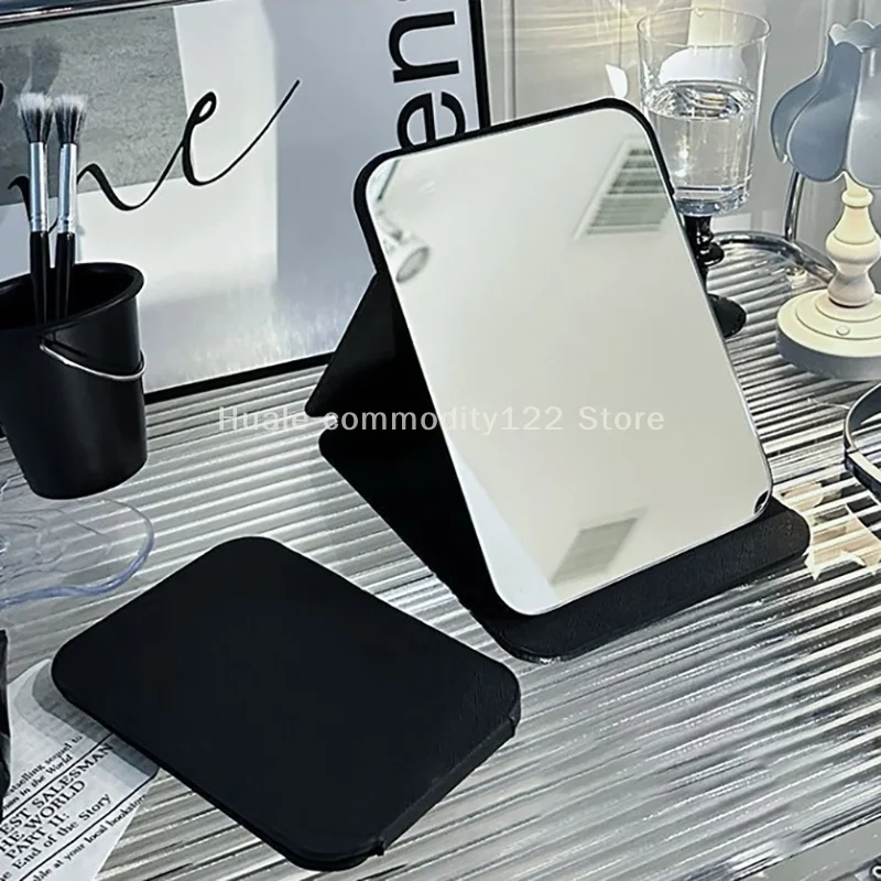 مرآة مكياج لسطح المكتب بلون سادة من جلد البولي يوريثان، مرآة بسيطة محمولة باليد، مرآة سوداء قابلة للطي للطلاب، مرآة جيب لطيفة #3