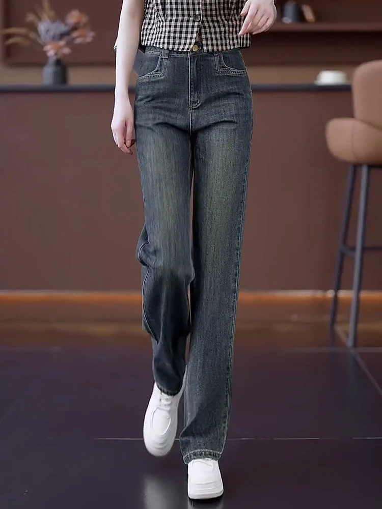 

Джинсы с высокой талией, облегающие, широкие, прямого кроя, женские, осенне-зимние, на флисовой подкладке, в корейском стиле, для повседневной носки