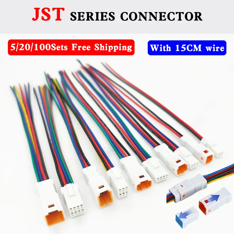 5/20/100set 2P 3P 4P 6P 8P 0.6MM Waterproof Wire Connector Plug Male And Female Socket With Cable JST JWPF Electrical Connectors