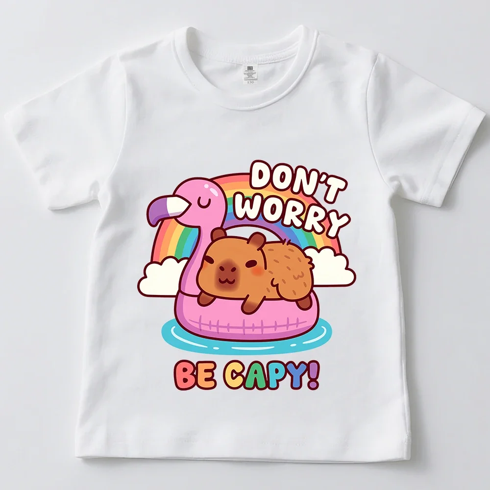 Cute Capybara Chill On Flamingo Float Don't Worry Be Capy Print Kids Cotton Short Sleeve T Shirt Summer Casual Boys Girls Top