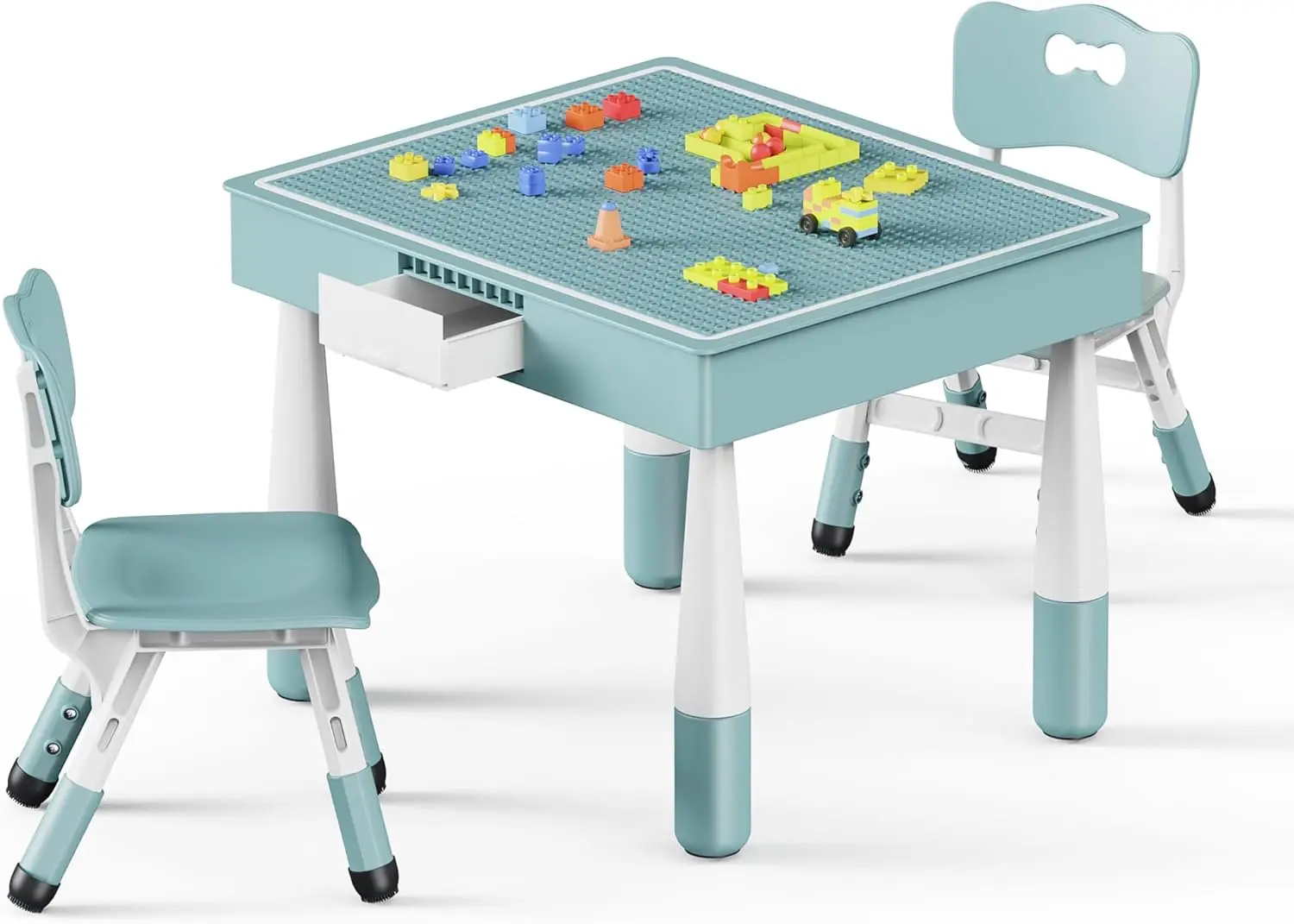 Kids Table and Chairs Set Building Blocks Table with Storage and Drawers, Height Adjustable Chairs, Reversible Top