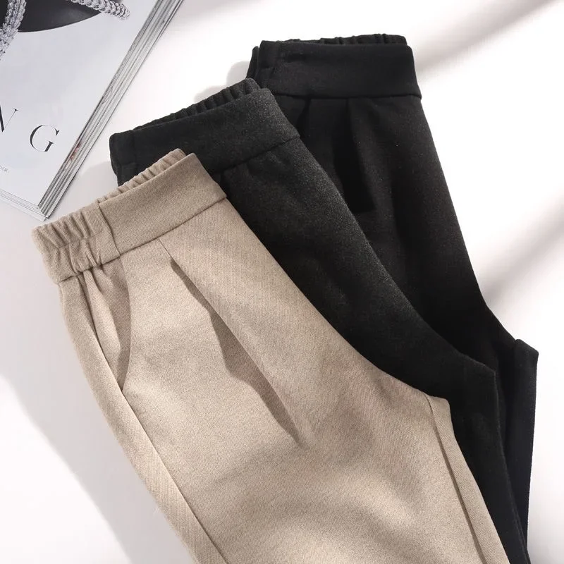 Calça de lã elástica feminina, calça lápis, cintura alta, moda coreana, terno de senhora, outono, inverno, 2024