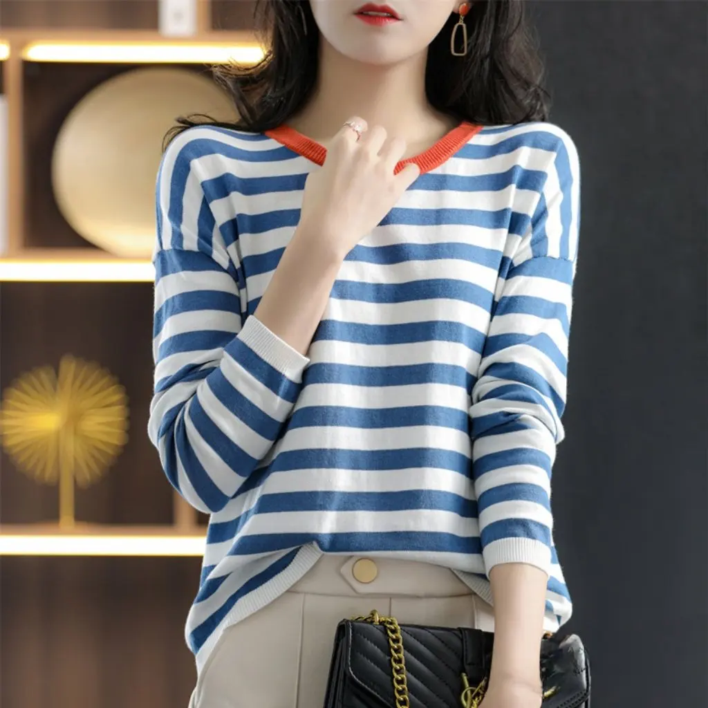 

Women's Cotton Stripe Knitted Sweater Crewneck Loose Fit Spring Korean Style Thin Outer Wear Top