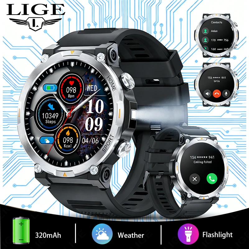LIGE New 466*466 AMOLED Screen Smartwtach Men’s Watches Health Monitor Sports LED Flashlight Bluetooth Call Smart Watch For Men