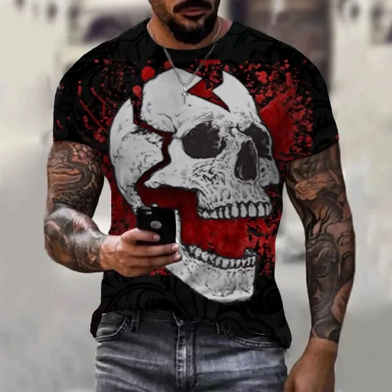 New Men\'s Skull 3D Printed Short Sleeved T-shirt Retro Casual Fashionable Shirt Summer Streetwear Oversized Tops Tee Clothing