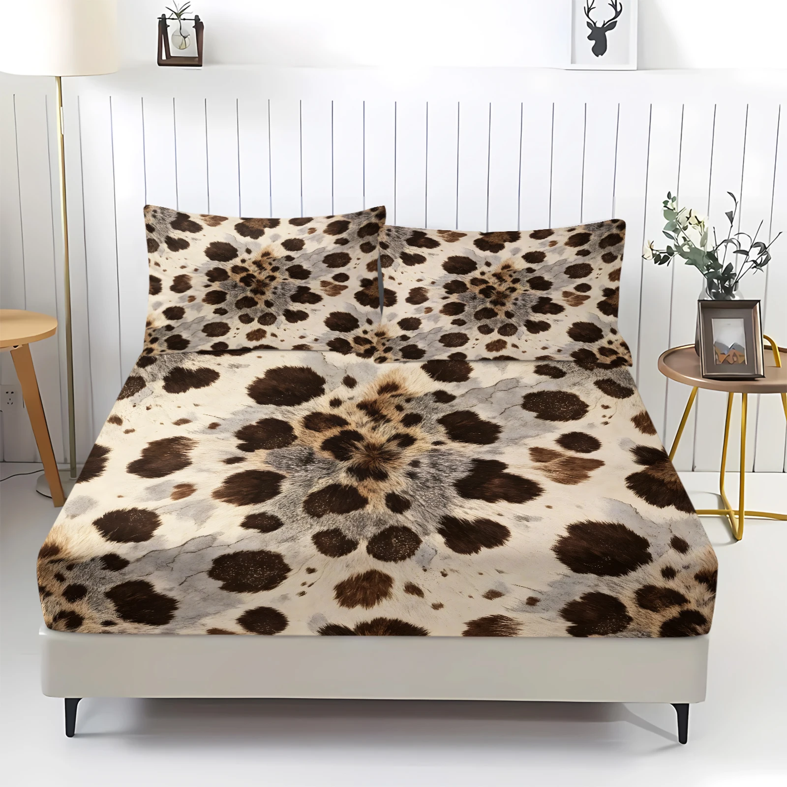 Cowhide Print Fitted Sheet Set Western Cow Skin Pattern Bed Sheet with Pillowcases Elastic Deep Pocket Mattress Cover Rustic Bed