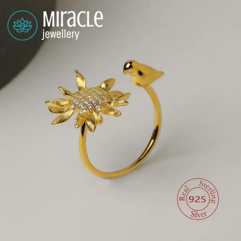 

Miracle Sterling Silver 925 Original Good Mood Niche Design Light Luxury Flower Sunflower Bird Fun Open Ring