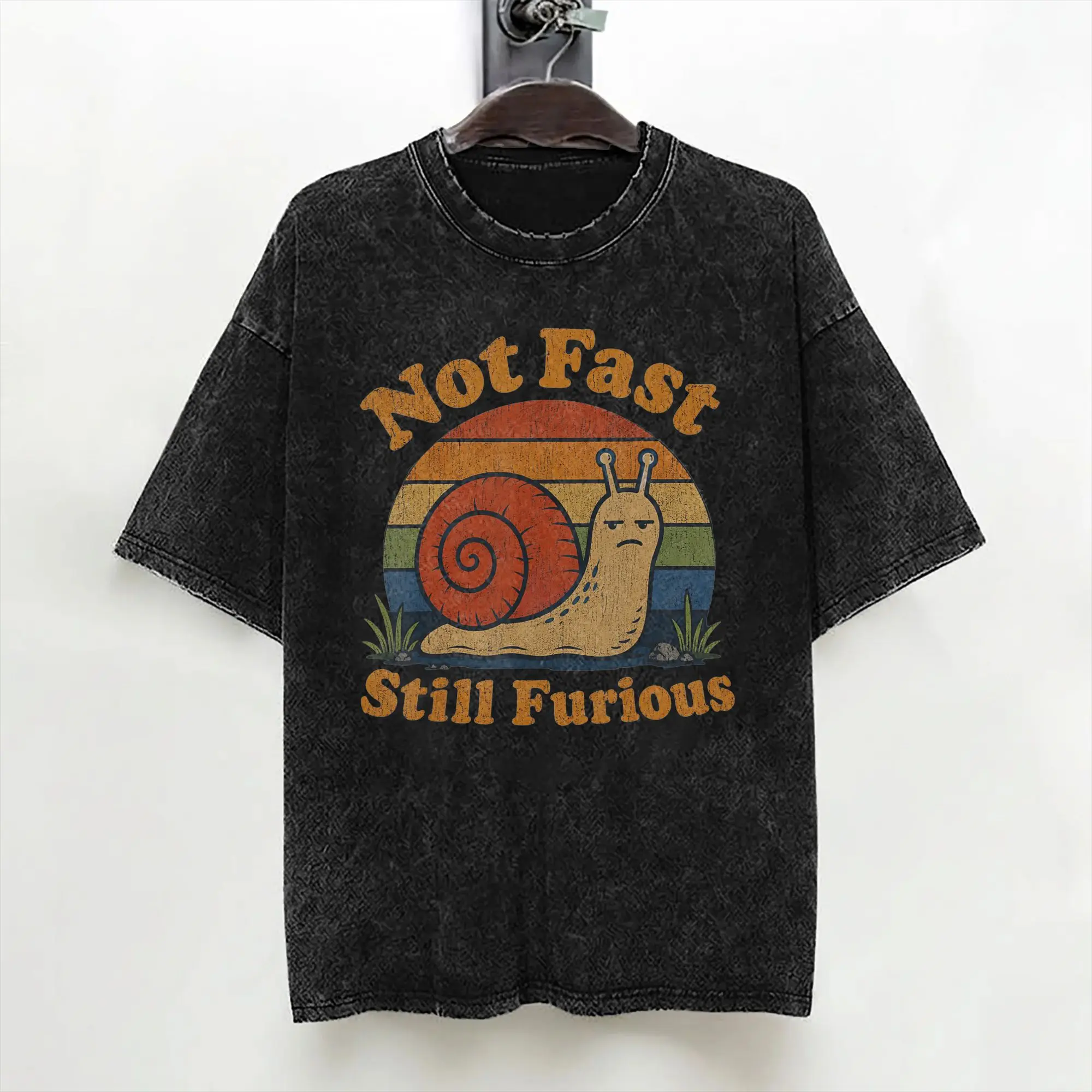 Not Fast Still Furious Snail Pace Angry Sarcastic Washed T Shirt Streetwear Hip Hop T-Shirt  Tees for Men Cotton Street Summer