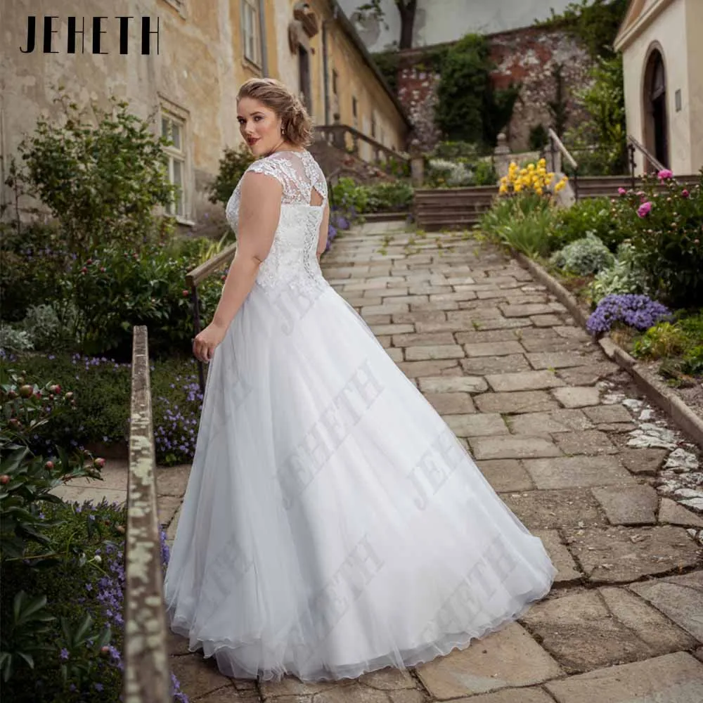 Jeheth Classic cap manches robe de mariée plus taille scooGuitar Hcondamned-Robes de mariée à mancherons classiques, grande taille, scoop, à lacets, quelle que soit la dentelle appliquée, ligne A, tulle, robe éducative