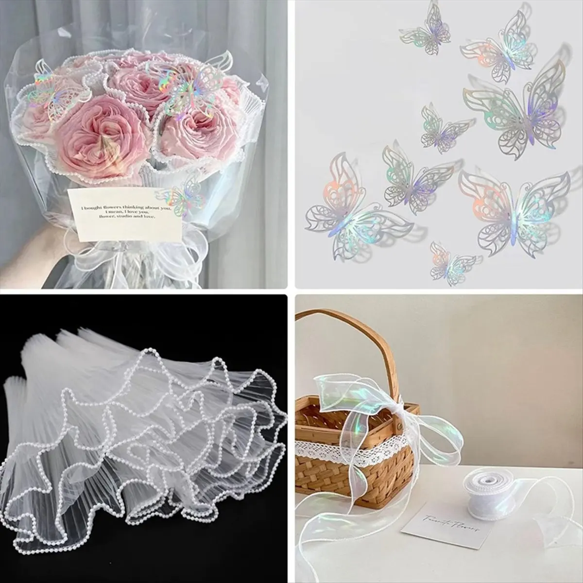 【~ NEW A89Z】White Flower Wrapping Paper Kit 4.37 Yards Pearl Lace Mesh for Bouquets, Wave Tulle with Ribbons and 3D Butterflies