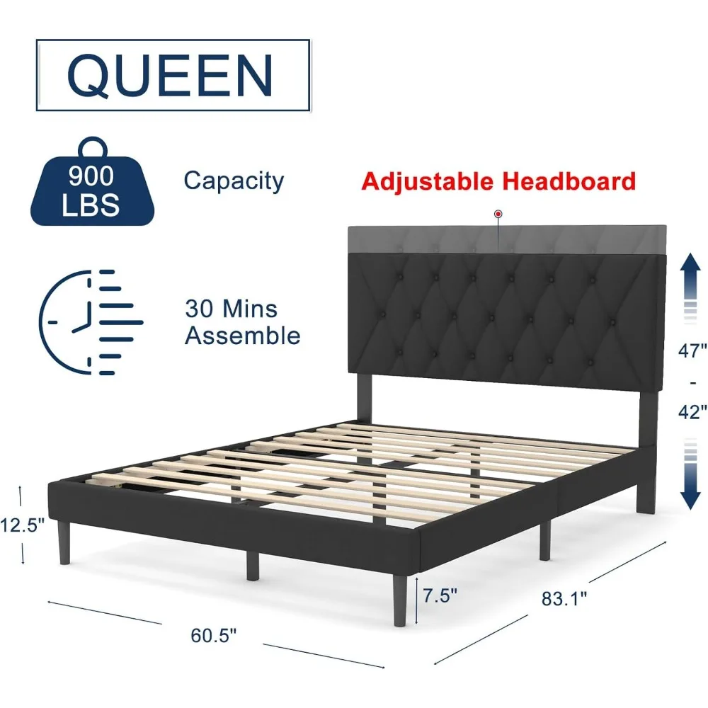 Queen Bed Frame with Adjustable Headboard, Linen Fabric Wrap, Strong Frame and Wooden Slats Support, No Box Spring Needed