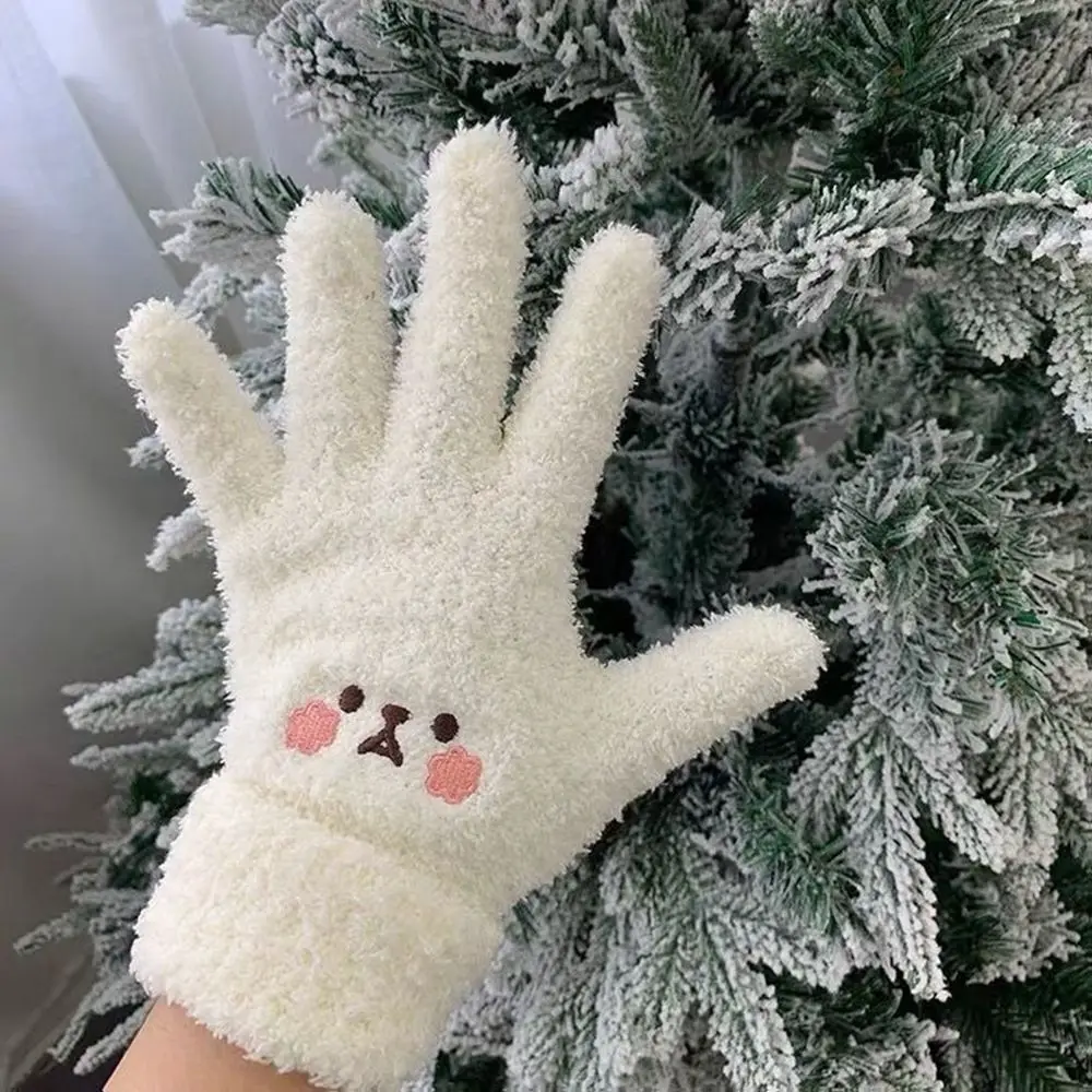 Winter Plush Cute Girl Gloves Warm Finger Gloves Embroidery Blush Bear Wool Mittens Student Cold Outdoor Cycling Gloves