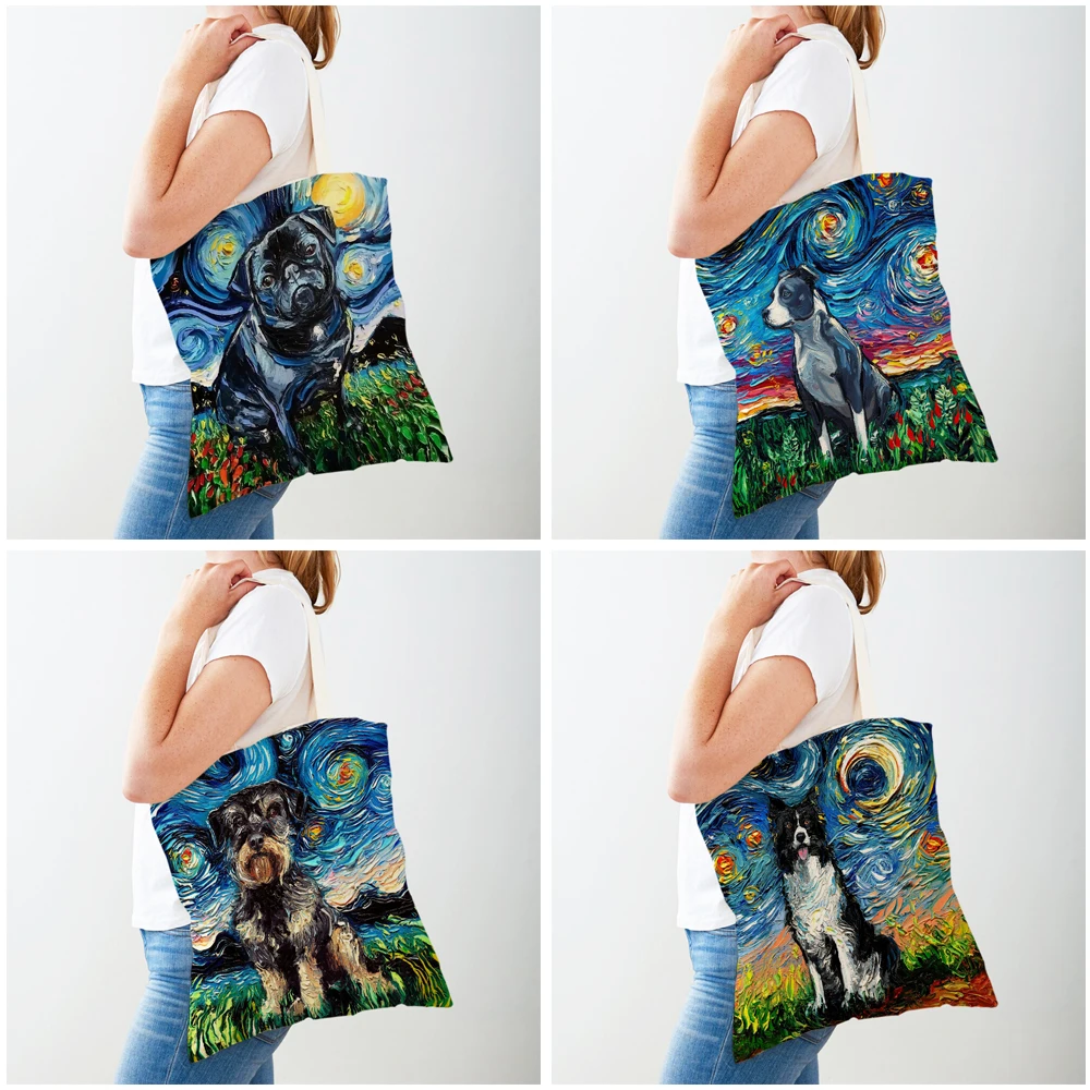 Van Gogh Starry Sky Dog Oil Painting Tote Handbag Fashion Animal Shopper Bag Both Sides Casual Canvas Cloth Women Shopping Bags