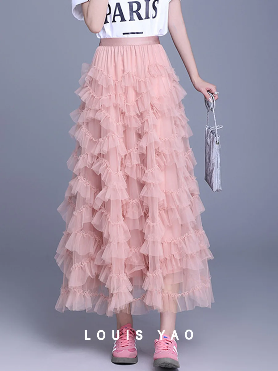 LOUIS YAO 2025 Spring High Waist Sweet Mesh Skirt Fashionable Romantic Long Elastic Waist Lightweight Women's Half Body Skirt