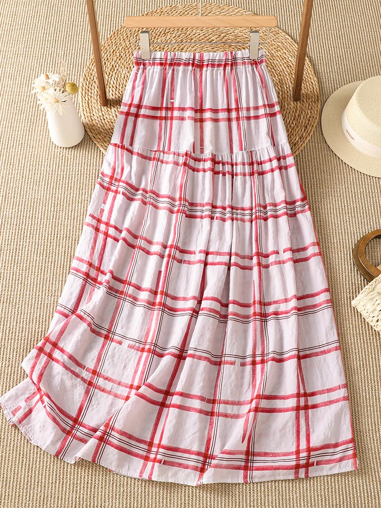 

Summer Fashion Plaid Half Skirt Women's Style Artistic Red Buttoned Full A-Line Long Skirt Casual Korean Loose Fit Mid-Length
