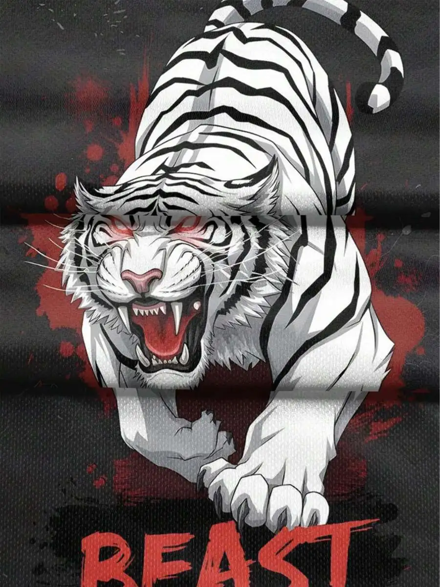 

Mens Printed Woven Shorts With White Tiger Graphic And Beast Text