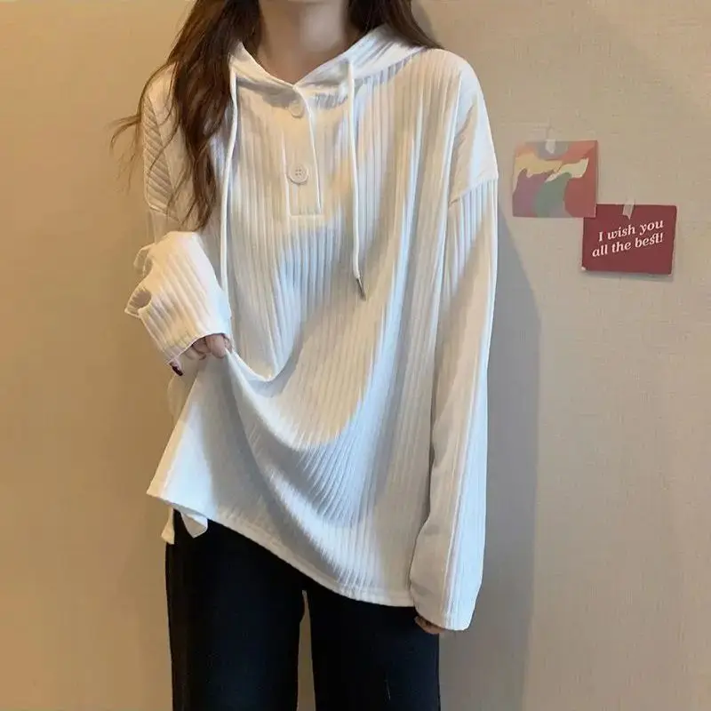 

Hooded T-Shirt Button Lace Up Fashion Spliced Female Clothing 2023 Autumn New Oversized Casual Pullovers All-Match Tee Shirt