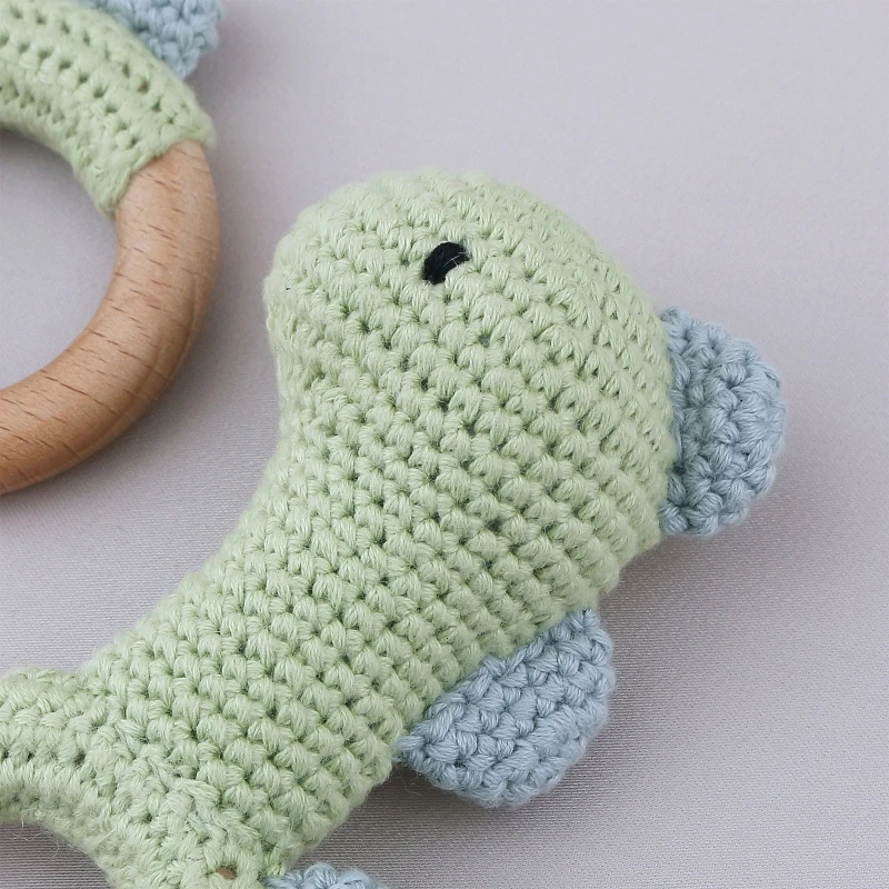 Baby Wooden Teether Ring DIY Crochet Dinosaur Rattle Infant Nursing Teething Toy