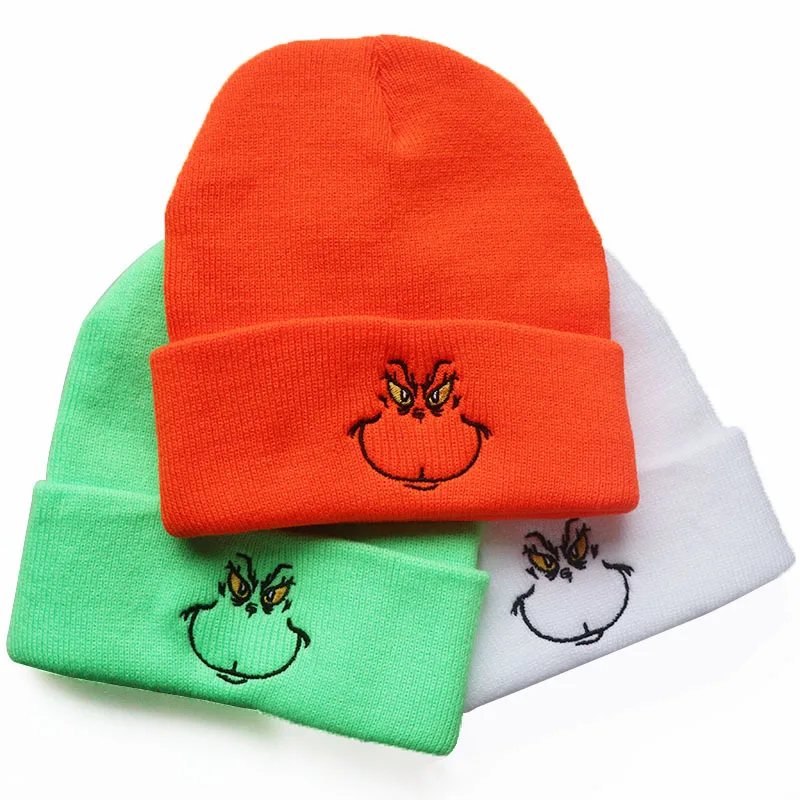 Anime Cartoon Grinch Universal Kawaii Figure Embroidery Beanies Hat Boy Girl Outdoor Keep Warm Stretch Cold Cap Skull Winter