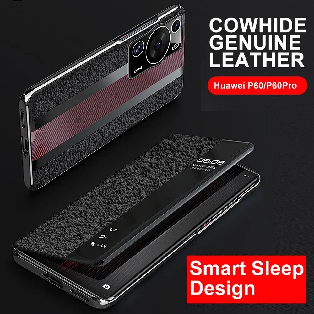 Original Natural Leather Flip Cover For Huawei P60 Pro Ultimate Smart Touch View Protect Porsche design Shockproof Casing