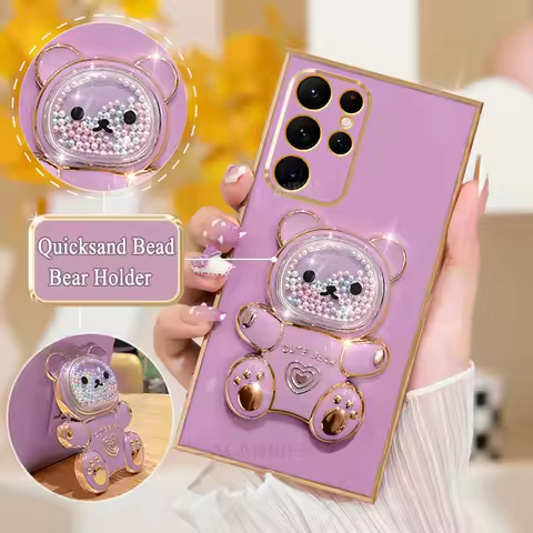 S 24 22 23 25 Quicksand Bear Holder Plating Case For Samsung Galaxy S21 S20 S22 S23 S24 Fe S25 Plus Ultra Silicone Stand Cover