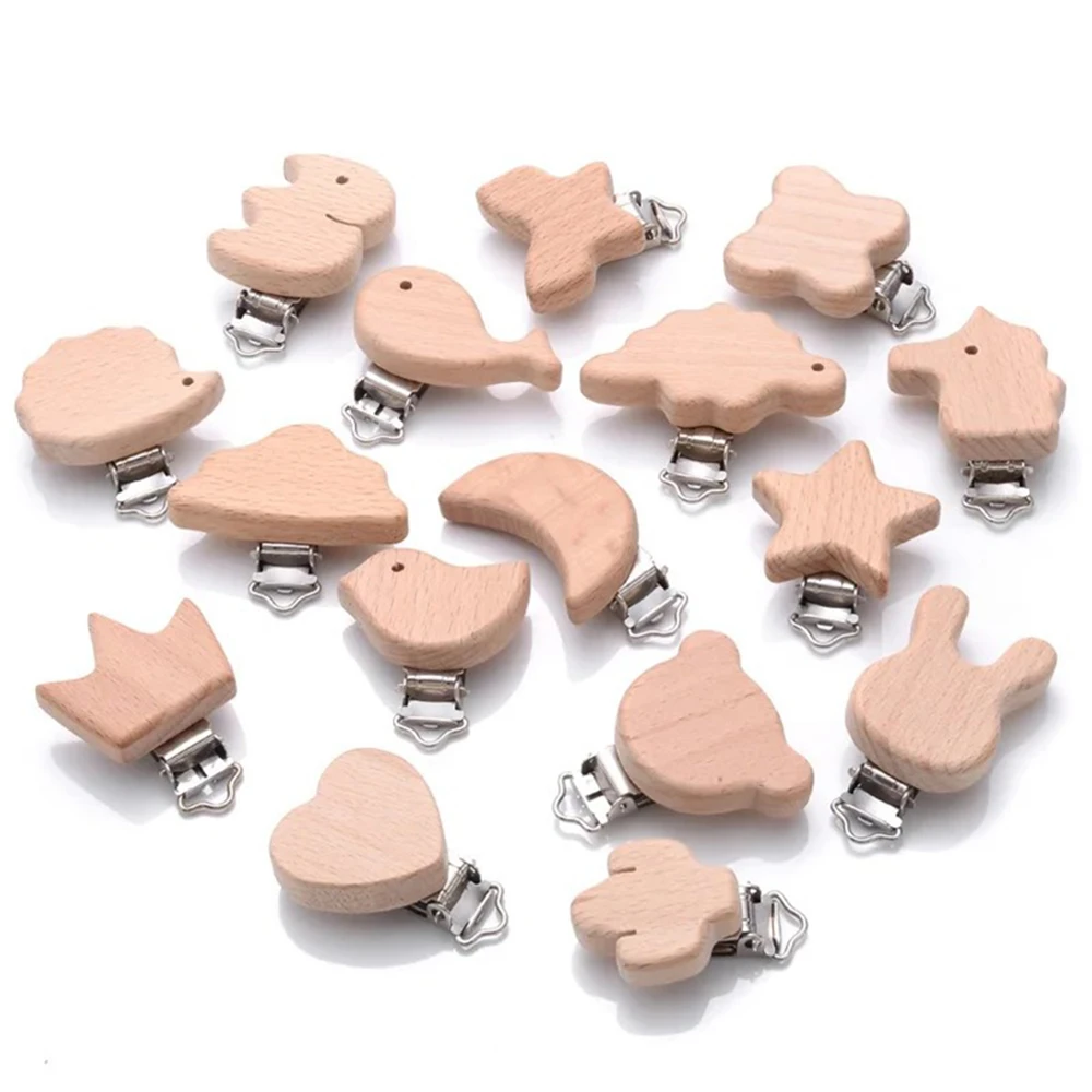 5pcs Woode Pacifier Baby Beech Wooden Animal Pacifier Metal Clips Holder Heart Pacifier Chain Teether Accessories