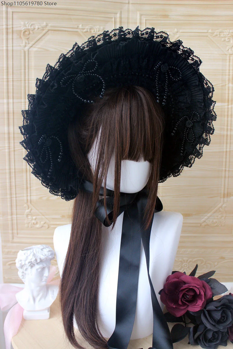 Original Handmade Ruffled Lace Ribbon Bonnet BNT Hat Gothic Lolita Style Hair Accessory For Anime Exhibition And Cosplay Outfit