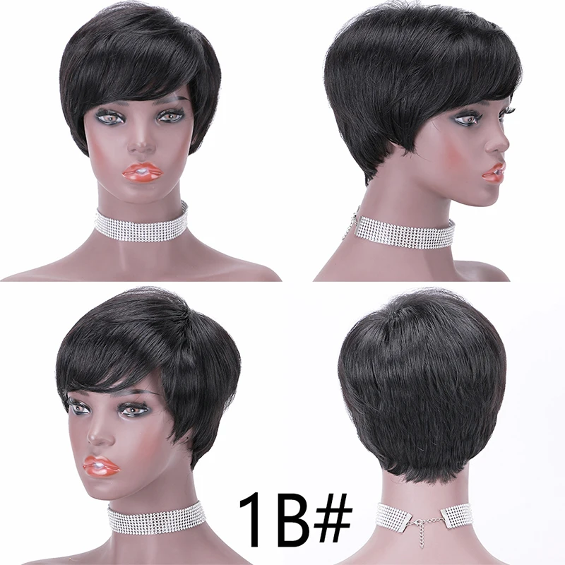 Machine Made Human Hair Wigs for Black Women Pixie Cut Short Hair Wig Glueless Clips in Hair Extension Natural Human Hairpiece