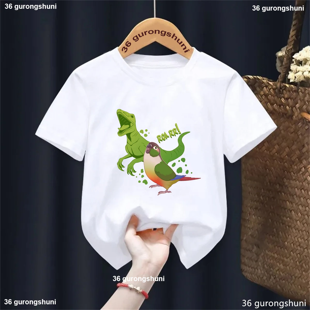 T-Rex Conure Bird Print T-Shirt Boys, Bird Lover Gift Idea Tees, Conure With Dinosaur Shadow Tee, Dinosaur Parrot Tshirt tops